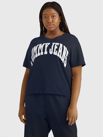 Női Tommy Hilfiger Curve Oversized Cropped Collegiate Póló Sötétkék | HU 441FDN